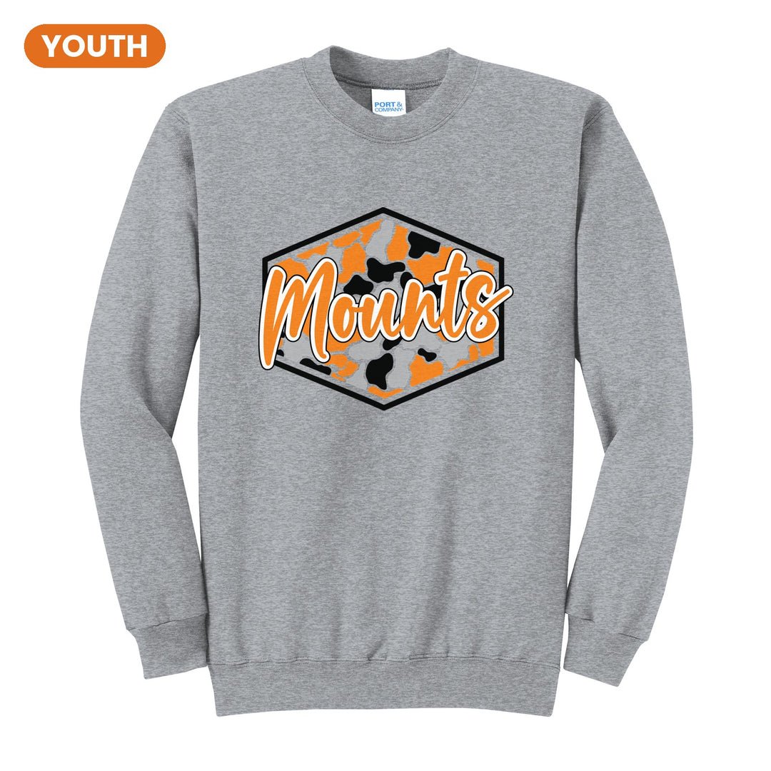Antietam Mountaineers Camo Script youth crewneck sweatshirt in Athletic Heather: Mounts in bold script over an orange, grey and black camo hexagon
