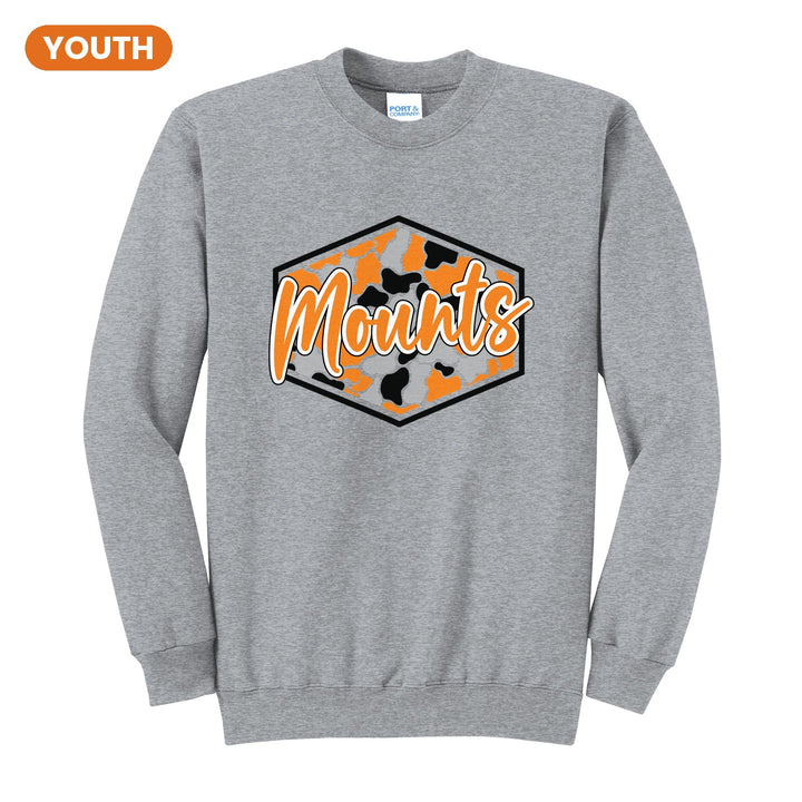 Antietam Mountaineers Camo Script youth crewneck sweatshirt in Athletic Heather: Mounts in bold script over an orange, grey and black camo hexagon