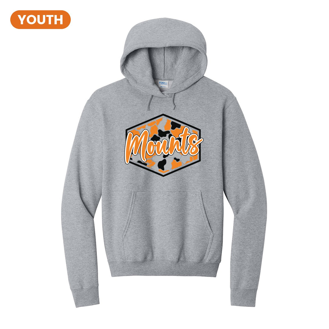 Antietam Mountaineers Camo Script youth hoodie in Athletic Heather: Mounts in bold script over an orange, grey and black camo hexagon