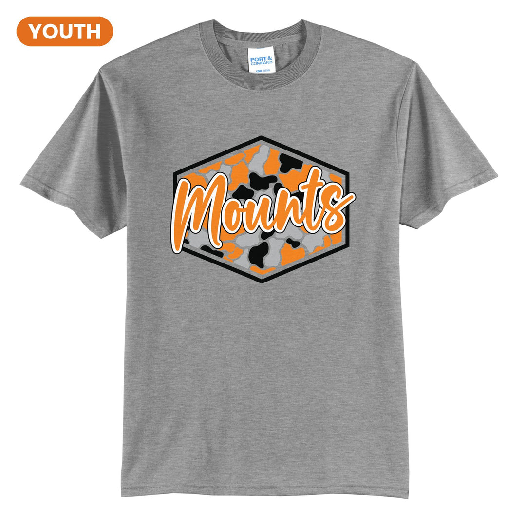 Antietam Mountaineers Camo Script youth t-shirt in Athletic Heather: Mounts in bold script over an orange, grey and black camo hexagon