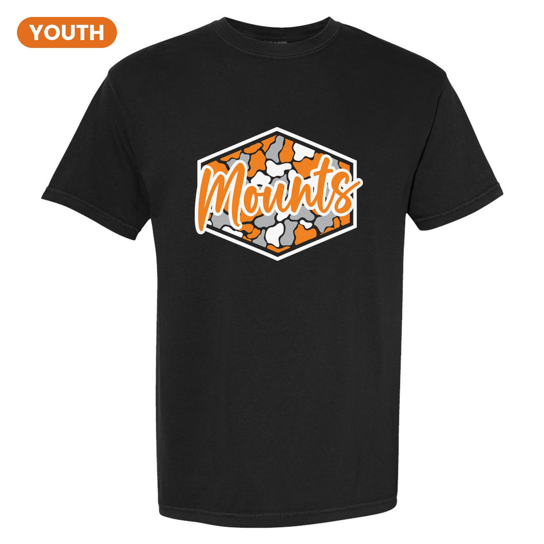 Antietam Mountaineers Camo Script youth comfort colors t-shirt in Black: Mounts in bold script over an orange, grey and black camo hexagon