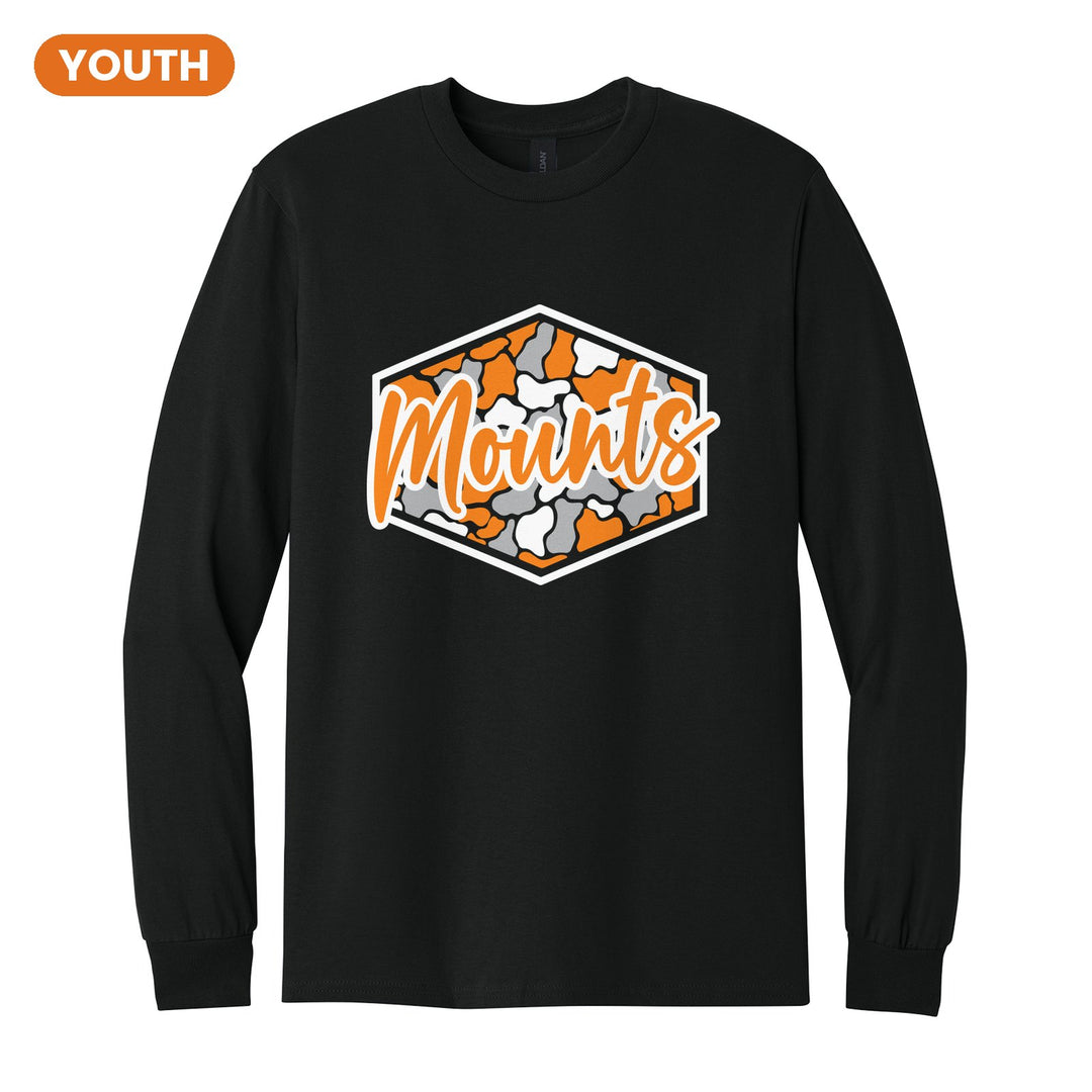 Antietam Mountaineers Camo Script youth long sleeve t-shirt in Black: Mounts in bold script over an orange, grey and black camo hexagon