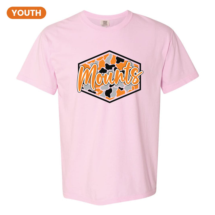 Antietam Mountaineers Camo Script youth comfort colors t-shirt in Blossom: Mounts in bold script over an orange, grey and black camo hexagon