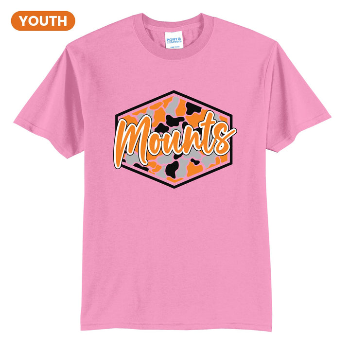 Antietam Mountaineers Camo Script youth t-shirt in Candy Pink: Mounts in bold script over an orange, grey and black camo hexagon