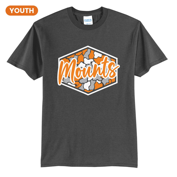 Antietam Mountaineers Camo Script youth t-shirt in Charcoal: Mounts in bold script over an orange, grey and black camo hexagon