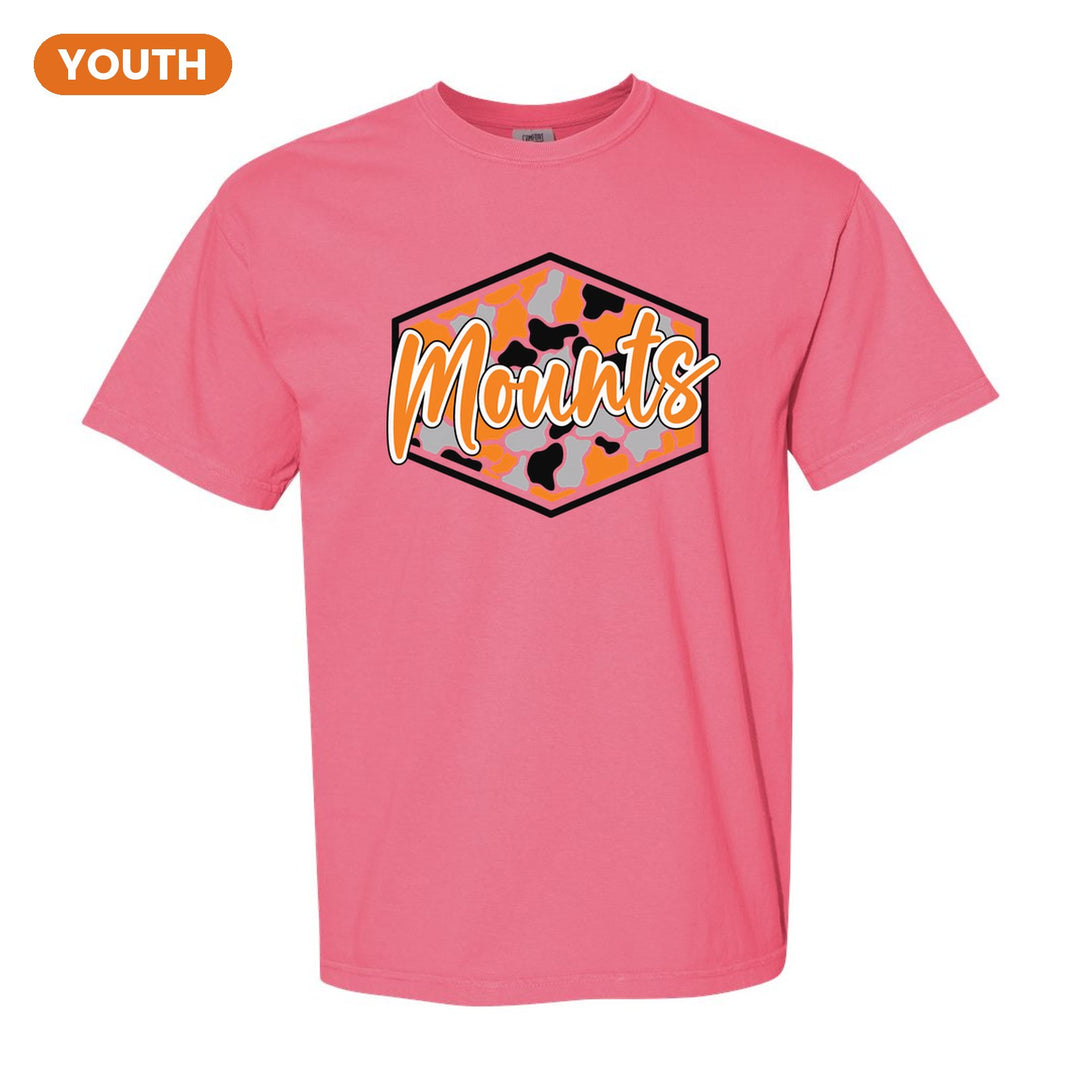 Antietam Mountaineers Camo Script youth comfort colors t-shirt in Crunchberry: Mounts in bold script over an orange, grey and black camo hexagon