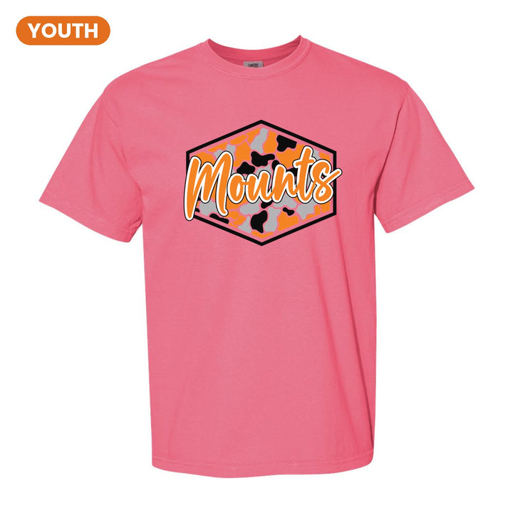 Antietam Mountaineers Camo Script youth comfort colors t-shirt in Crunchberry: Mounts in bold script over an orange, grey and black camo hexagon