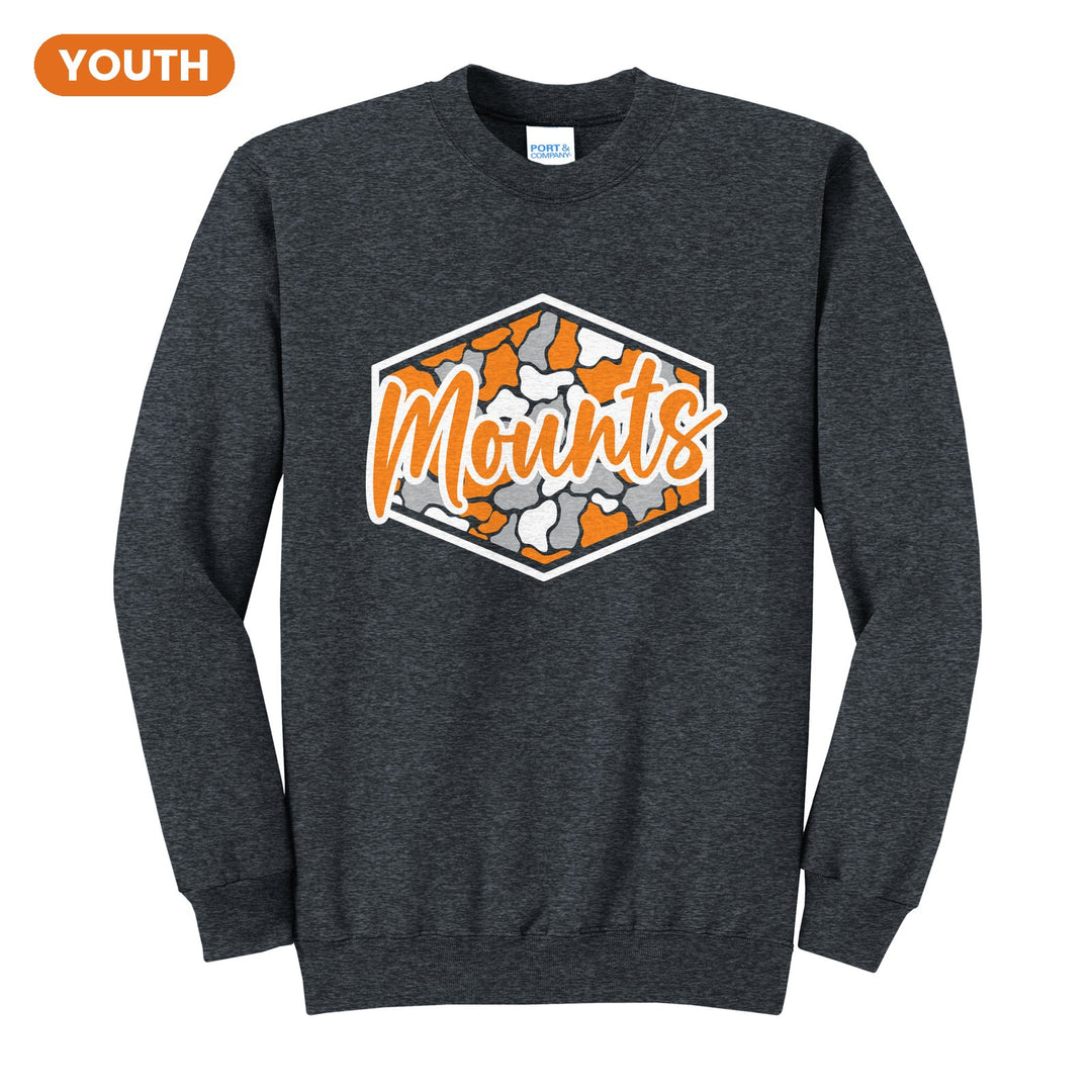 Antietam Mountaineers Camo Script youth crewneck sweatshirt in Dark Heather Grey: Mounts in bold script over an orange, grey and black camo hexagon
