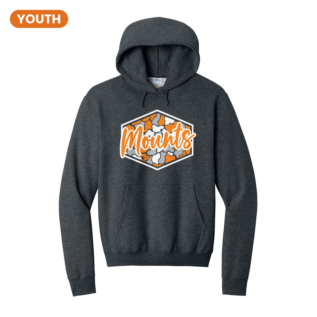 Antietam Mountaineers Camo Script youth hoodie in Dark Heather Grey: Mounts in bold script over an orange, grey and black camo hexagon