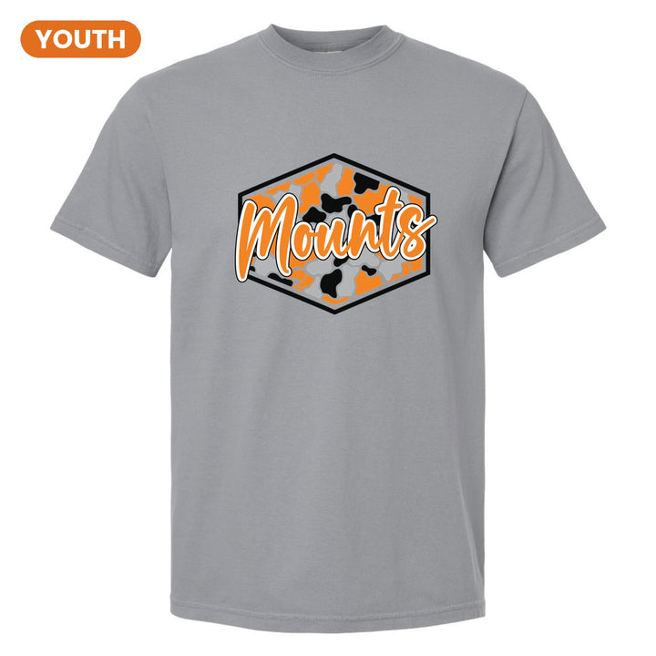 Antietam Mountaineers Camo Script youth comfort colors t-shirt in Granite: Mounts in bold script over an orange, grey and black camo hexagon