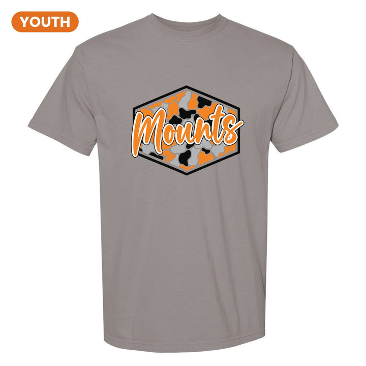Antietam Mountaineers Camo Script youth comfort colors t-shirt in Grey: Mounts in bold script over an orange, grey and black camo hexagon