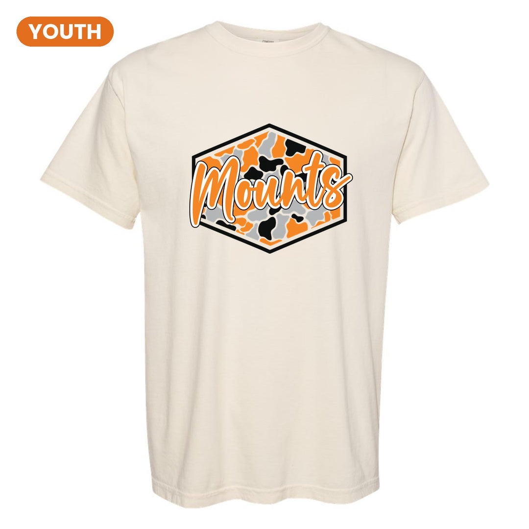 Antietam Mountaineers Camo Script youth comfort colors t-shirt in Ivory: Mounts in bold script over an orange, grey and black camo hexagon