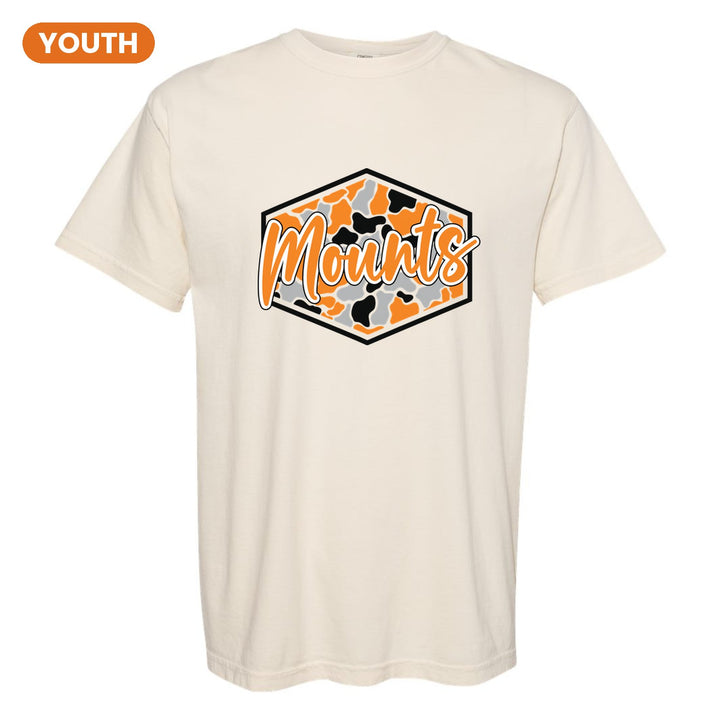 Antietam Mountaineers Camo Script youth comfort colors t-shirt in Ivory: Mounts in bold script over an orange, grey and black camo hexagon