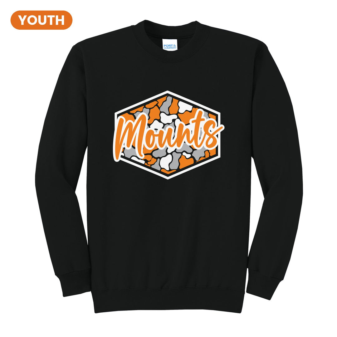 Antietam Mountaineers Camo Script youth crewneck sweatshirt in Jet Black: Mounts in bold script over an orange, grey and black camo hexagon