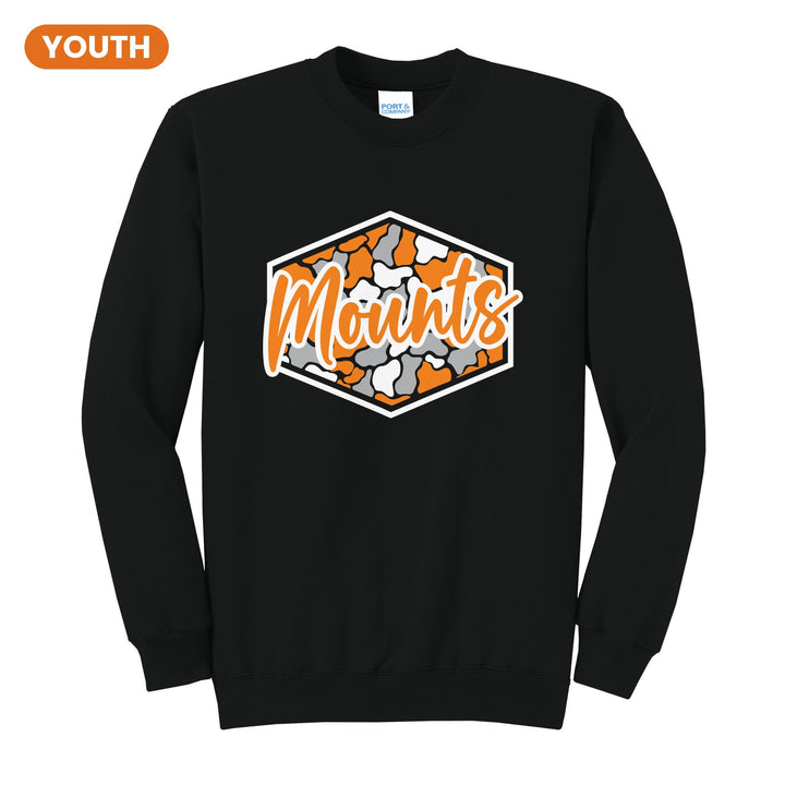 Antietam Mountaineers Camo Script youth crewneck sweatshirt in Jet Black: Mounts in bold script over an orange, grey and black camo hexagon