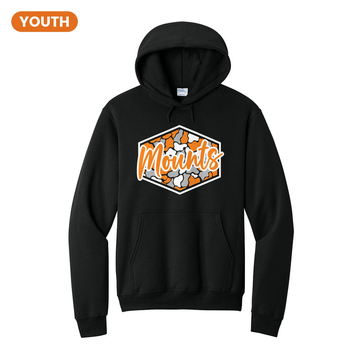 Antietam Mountaineers Camo Script youth hoodie in Jet Black: Mounts in bold script over an orange, grey and black camo hexagon