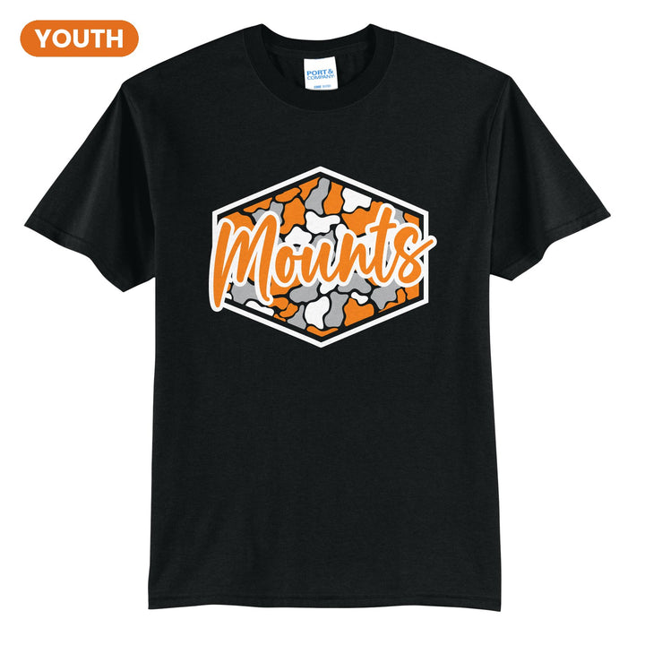 Antietam Mountaineers Camo Script youth t-shirt in Jet Black: Mounts in bold script over an orange, grey and black camo hexagon
