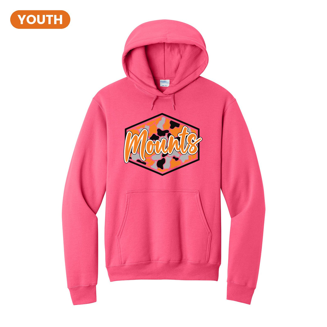 Antietam Mountaineers Camo Script youth hoodie in Neon Pink: Mounts in bold script over an orange, grey and black camo hexagon