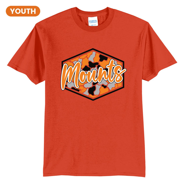 Antietam Mountaineers Camo Script youth t-shirt in Orange: Mounts in bold script over an orange, grey and black camo hexagon