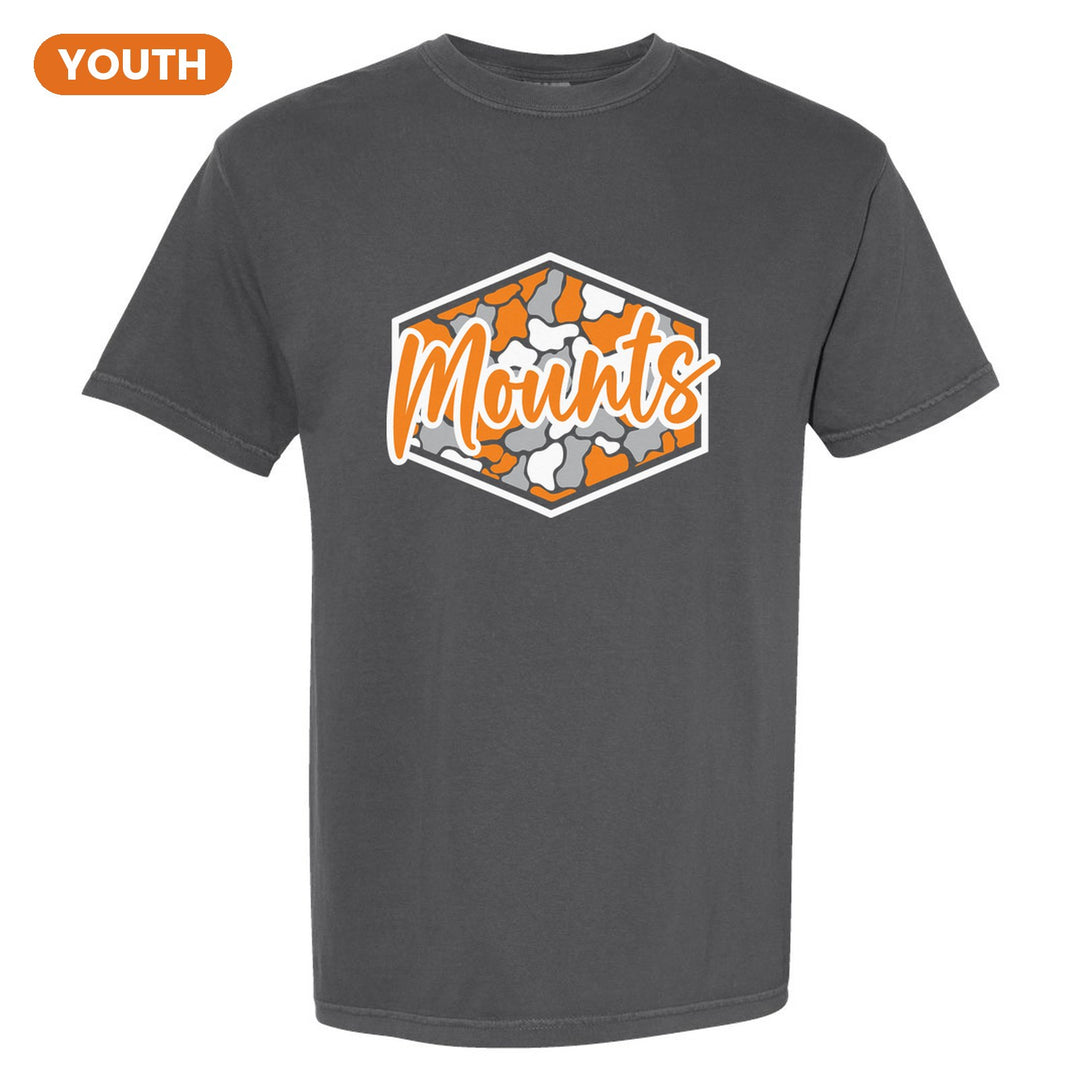 Antietam Mountaineers Camo Script youth comfort colors t-shirt in Pepper: Mounts in bold script over an orange, grey and black camo hexagon