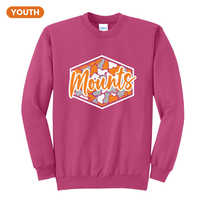 Antietam Mountaineers Camo Script youth crewneck sweatshirt in Sangria: Mounts in bold script over an orange, grey and black camo hexagon