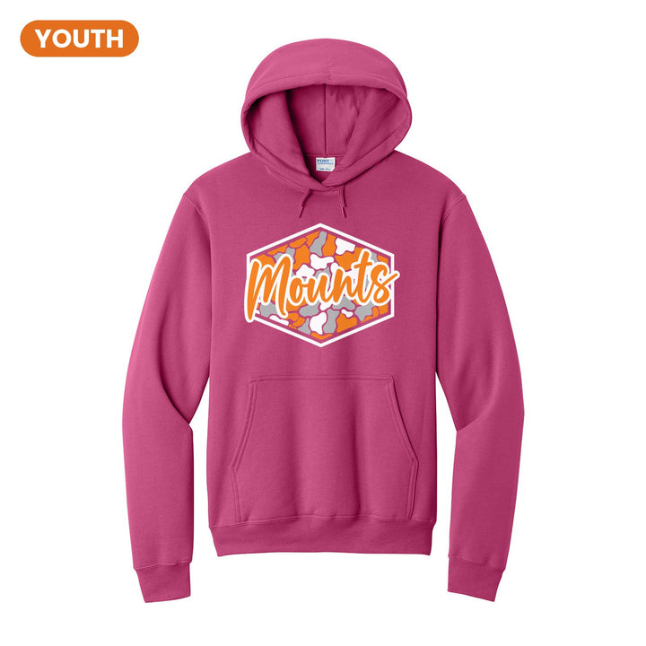 Antietam Mountaineers Camo Script youth hoodie in Sangria: Mounts in bold script over an orange, grey and black camo hexagon