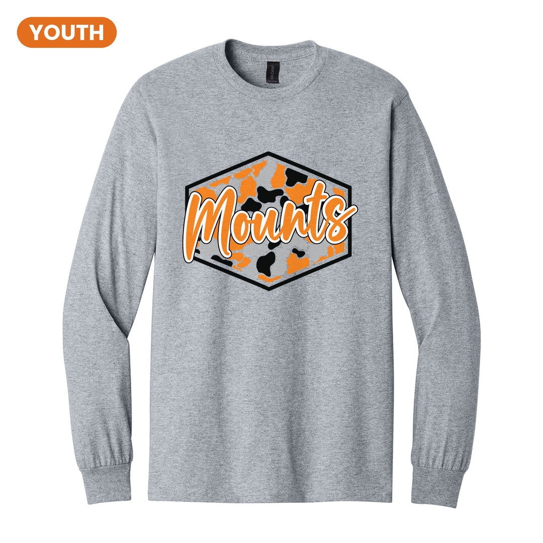 Antietam Mountaineers Camo Script youth long sleeve t-shirt in Sport Grey: Mounts in bold script over an orange, grey and black camo hexagon