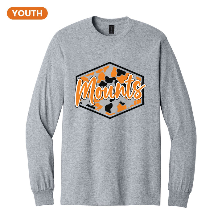 Antietam Mountaineers Camo Script youth long sleeve t-shirt in Sport Grey: Mounts in bold script over an orange, grey and black camo hexagon
