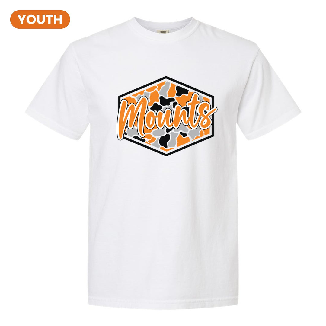 Antietam Mountaineers Camo Script youth comfort colors t-shirt in White: Mounts in bold script over an orange, grey and black camo hexagon