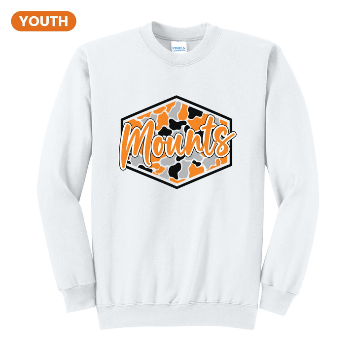 Antietam Mountaineers Camo Script youth crewneck sweatshirt in White: Mounts in bold script over an orange, grey and black camo hexagon