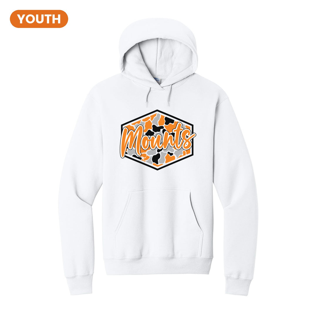 Antietam Mountaineers Camo Script youth hoodie in White: Mounts in bold script over an orange, grey and black camo hexagon