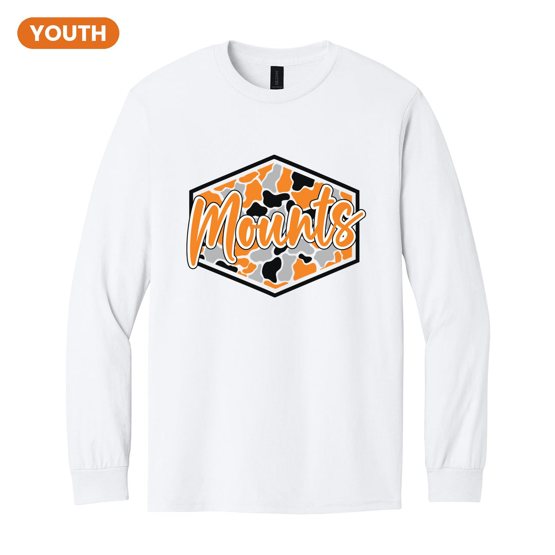 Antietam Mountaineers Camo Script youth long sleeve t-shirt in White: Mounts in bold script over an orange, grey and black camo hexagon