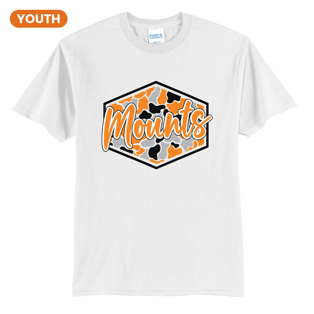Antietam Mountaineers Camo Script youth t-shirt in White: Mounts in bold script over an orange, grey and black camo hexagon