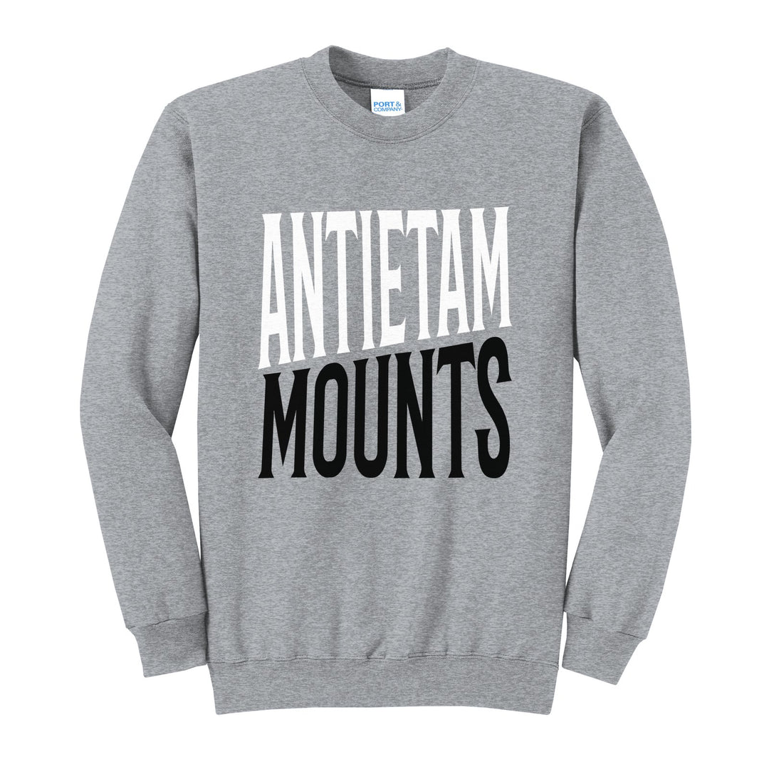 Antietam Mountaineers Block Stack crewneck sweatshirt in Athletic Heather: tall ANTIETAM stacked over MOUNTS in condensed block letters