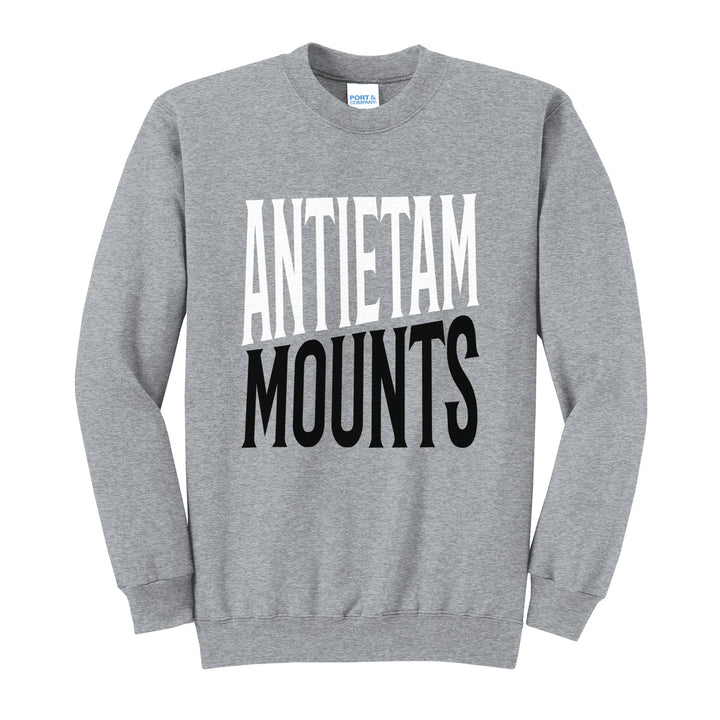 Antietam Mountaineers Block Stack crewneck sweatshirt in Athletic Heather: tall ANTIETAM stacked over MOUNTS in condensed block letters