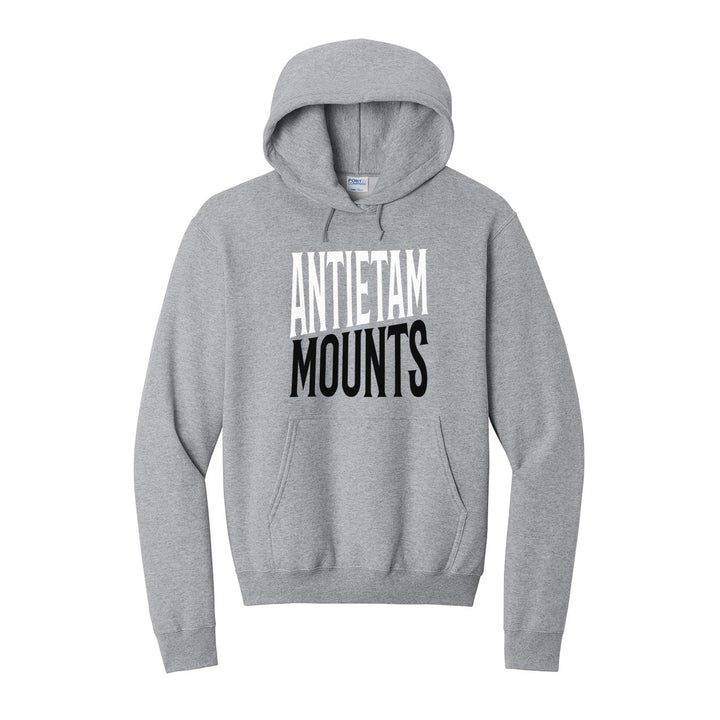 Antietam Mountaineers Block Stack hoodie in Athletic Heather: tall ANTIETAM stacked over MOUNTS in condensed block letters