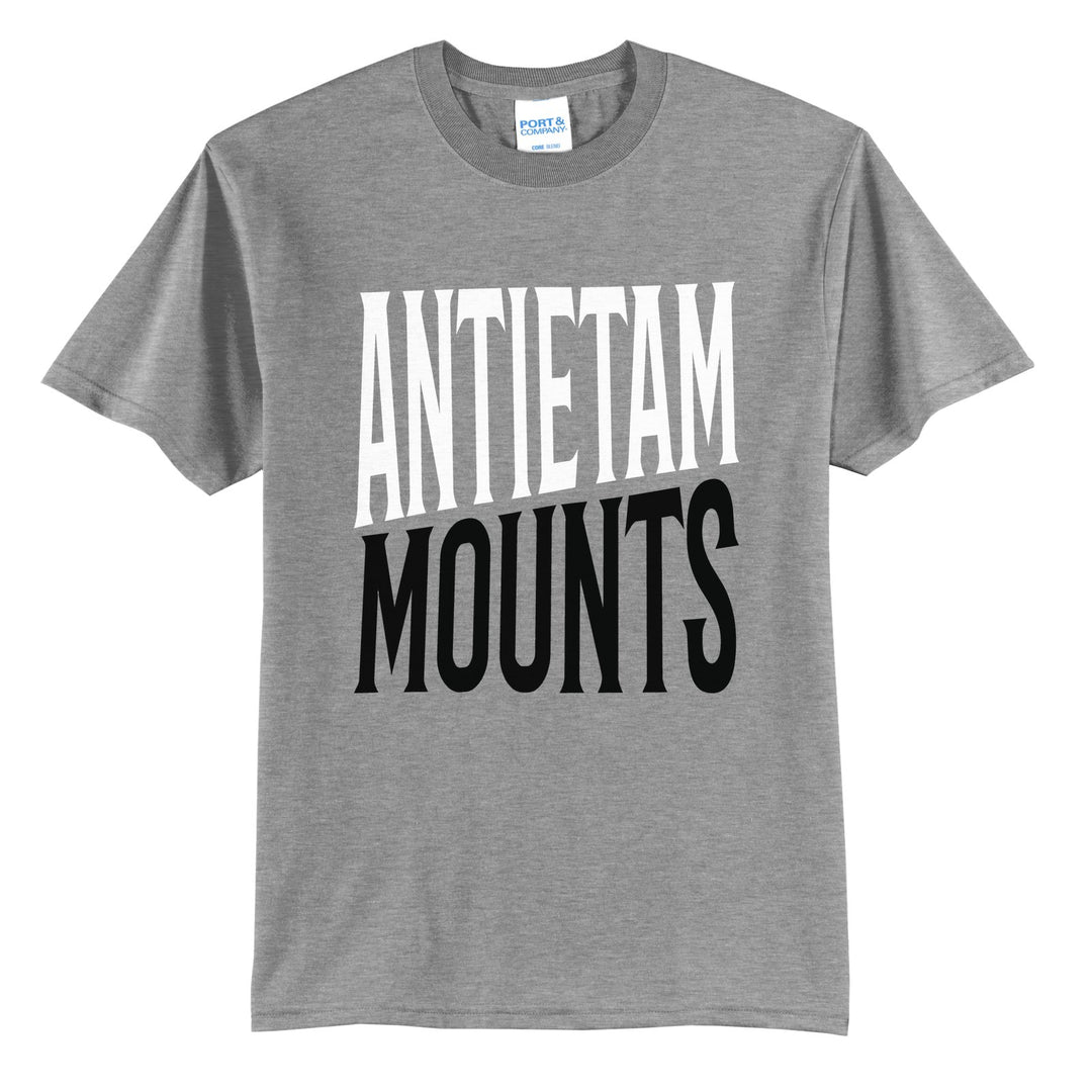 Antietam Mountaineers Block Stack t-shirt in Athletic Heather: tall ANTIETAM stacked over MOUNTS in condensed block letters