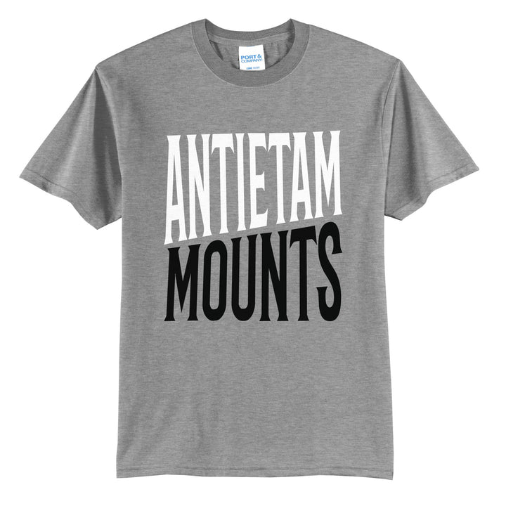 Antietam Mountaineers Block Stack t-shirt in Athletic Heather: tall ANTIETAM stacked over MOUNTS in condensed block letters