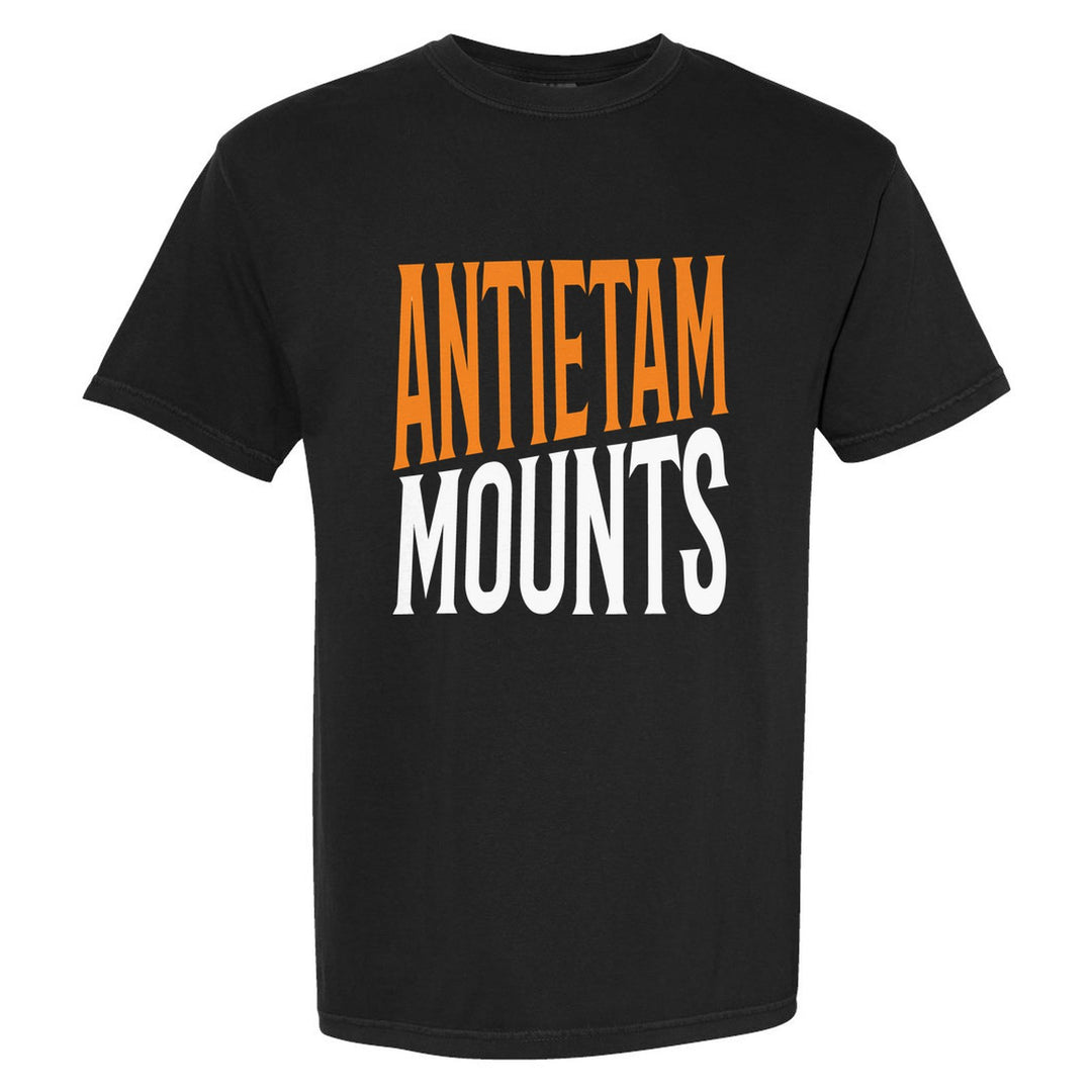 Antietam Mountaineers Block Stack comfort colors t-shirt in Black: tall ANTIETAM stacked over MOUNTS in condensed block letters