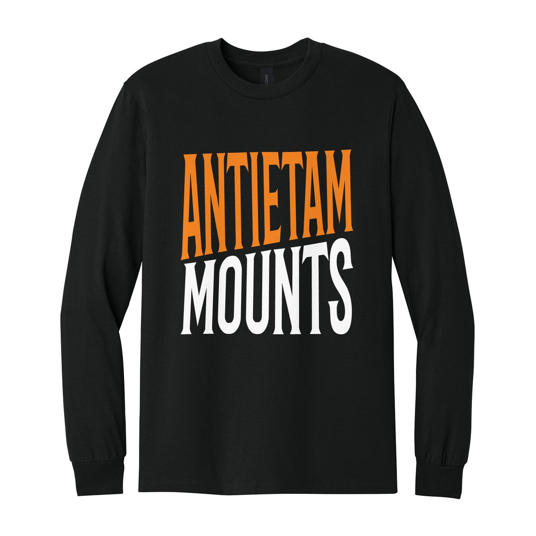 Antietam Mountaineers Block Stack long sleeve t-shirt in Black: tall ANTIETAM stacked over MOUNTS in condensed block letters