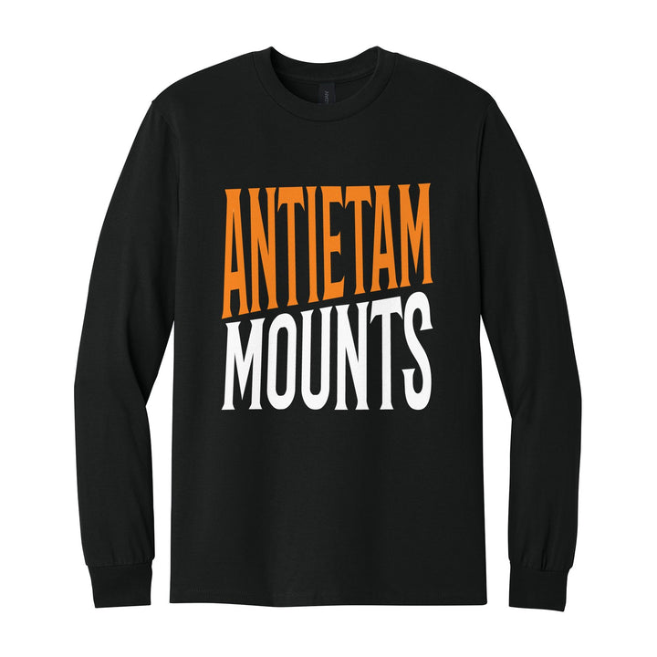 Antietam Mountaineers Block Stack long sleeve t-shirt in Black: tall ANTIETAM stacked over MOUNTS in condensed block letters