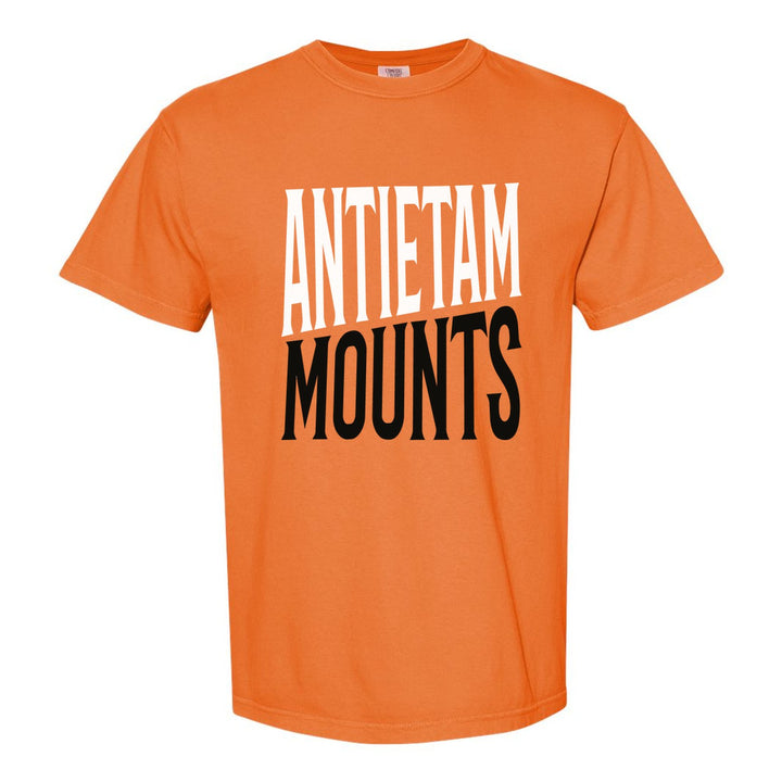 Antietam Mountaineers Block Stack comfort colors t-shirt in Burnt Orange: tall ANTIETAM stacked over MOUNTS in condensed block letters