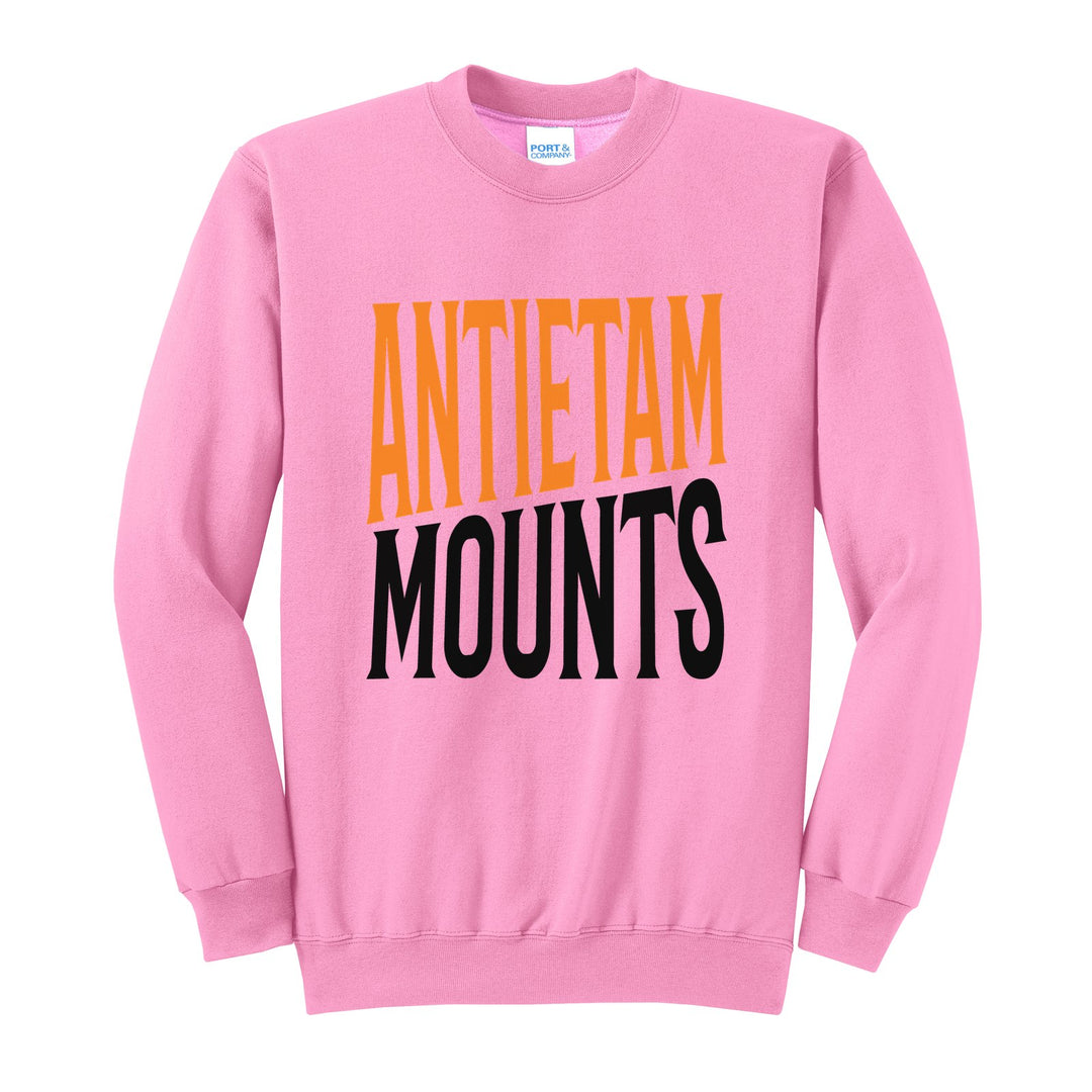 Antietam Mountaineers Block Stack crewneck sweatshirt in Candy Pink: tall ANTIETAM stacked over MOUNTS in condensed block letters