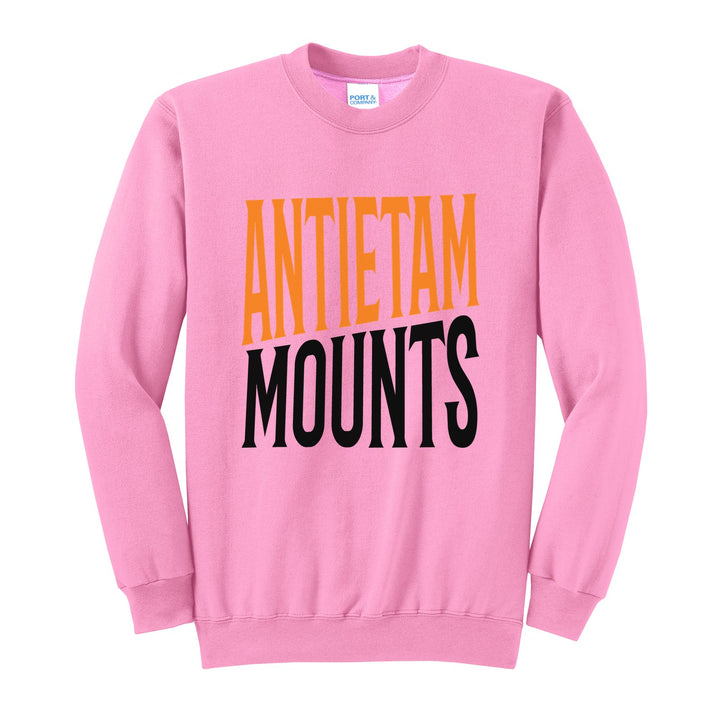 Antietam Mountaineers Block Stack crewneck sweatshirt in Candy Pink: tall ANTIETAM stacked over MOUNTS in condensed block letters