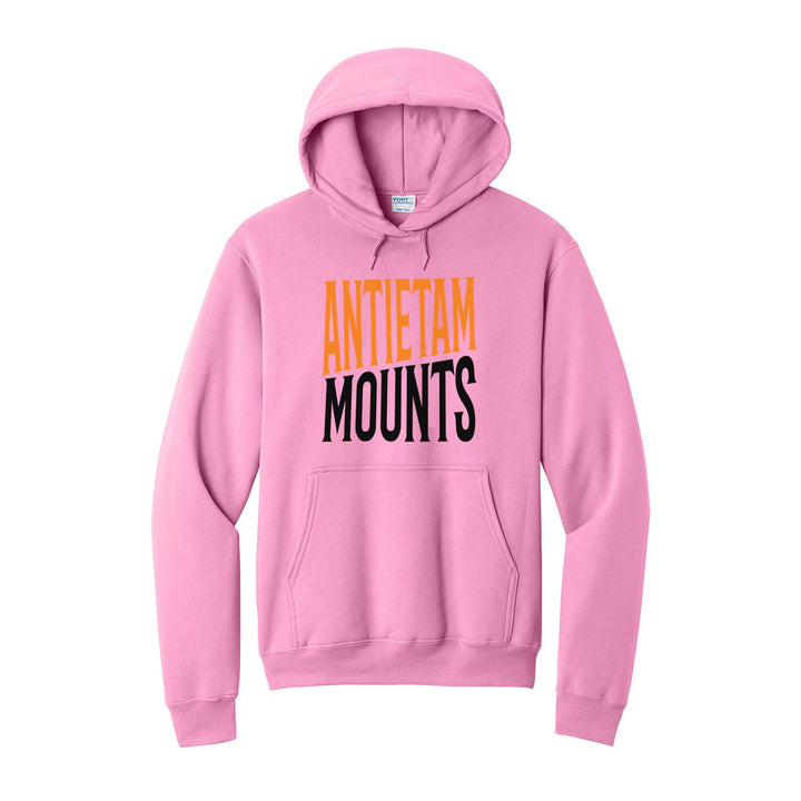 Antietam Mountaineers Block Stack hoodie in Candy Pink: tall ANTIETAM stacked over MOUNTS in condensed block letters