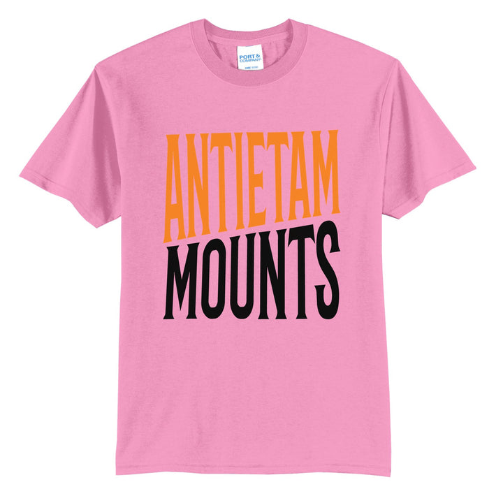 Antietam Mountaineers Block Stack t-shirt in Candy Pink: tall ANTIETAM stacked over MOUNTS in condensed block letters