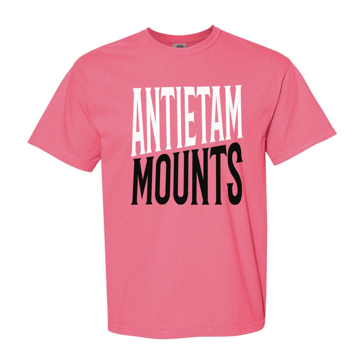 Antietam Mountaineers Block Stack comfort colors t-shirt in Crunchberry: tall ANTIETAM stacked over MOUNTS in condensed block letters
