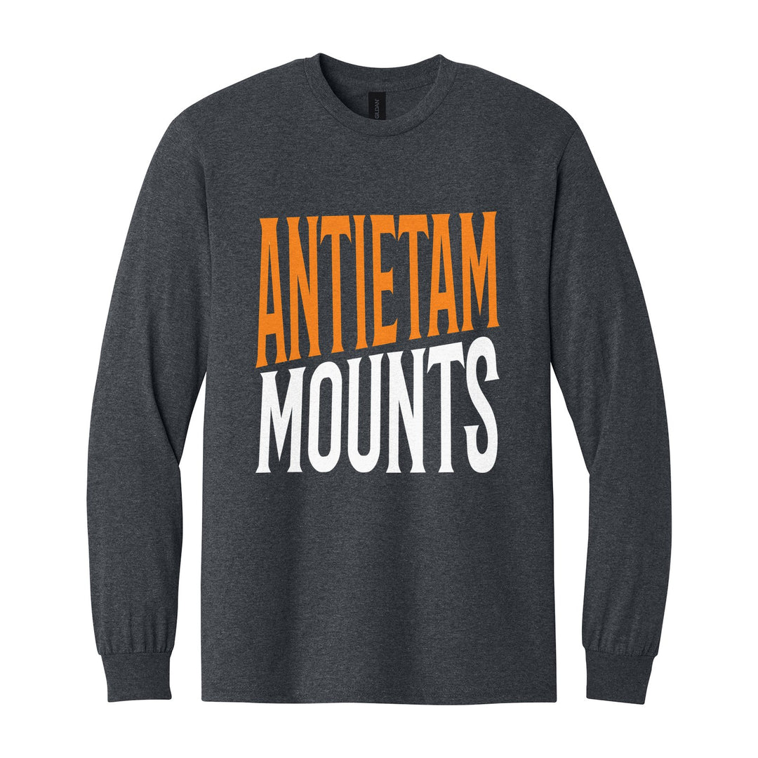 Antietam Mountaineers Block Stack long sleeve t-shirt in Dark Heather: tall ANTIETAM stacked over MOUNTS in condensed block letters