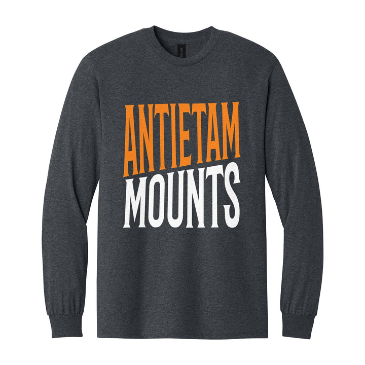 Antietam Mountaineers Block Stack long sleeve t-shirt in Dark Heather: tall ANTIETAM stacked over MOUNTS in condensed block letters