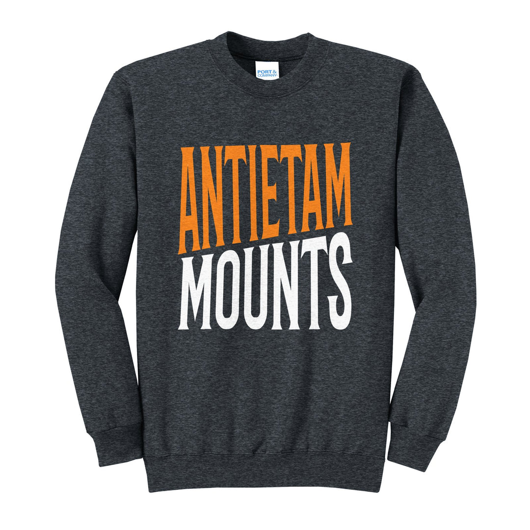 Antietam Mountaineers Block Stack crewneck sweatshirt in Dark Heather Grey: tall ANTIETAM stacked over MOUNTS in condensed block letters